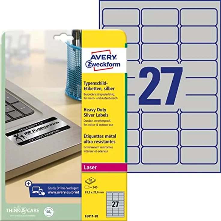 AVERY Zweckform L6011-20 Typenschild Folienetiketten (540 Aufkleber, 63,5x29,6mm auf A4, stark selbstklebend, strapazierfähig, wetterfest, bedruckbare Klebefolie, blanko) 20 Blatt, silber - Preisvergleich – Bild 1