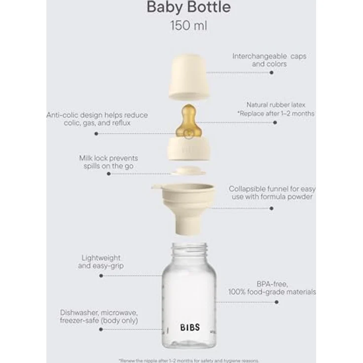 BIBS Babyflasche 150 ml, Sauger aus Naturkautschuk, Anti-Kolik, BPA-frei, langsamem Fluss, leicht zu reinigen, für Neugeborene, Blush – Bild 2