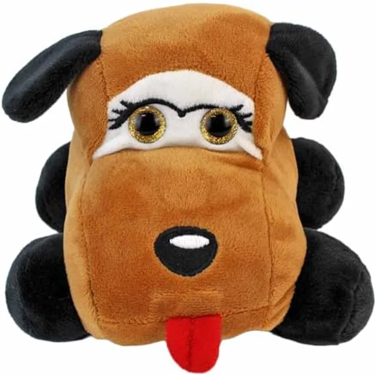 BEMIRO Plüsch-Auto Hund, 15 cm Kuscheltier mit Glitzeraugen, weich und sicher für Kinder ab 3 Jahren, Sammelspielzeug