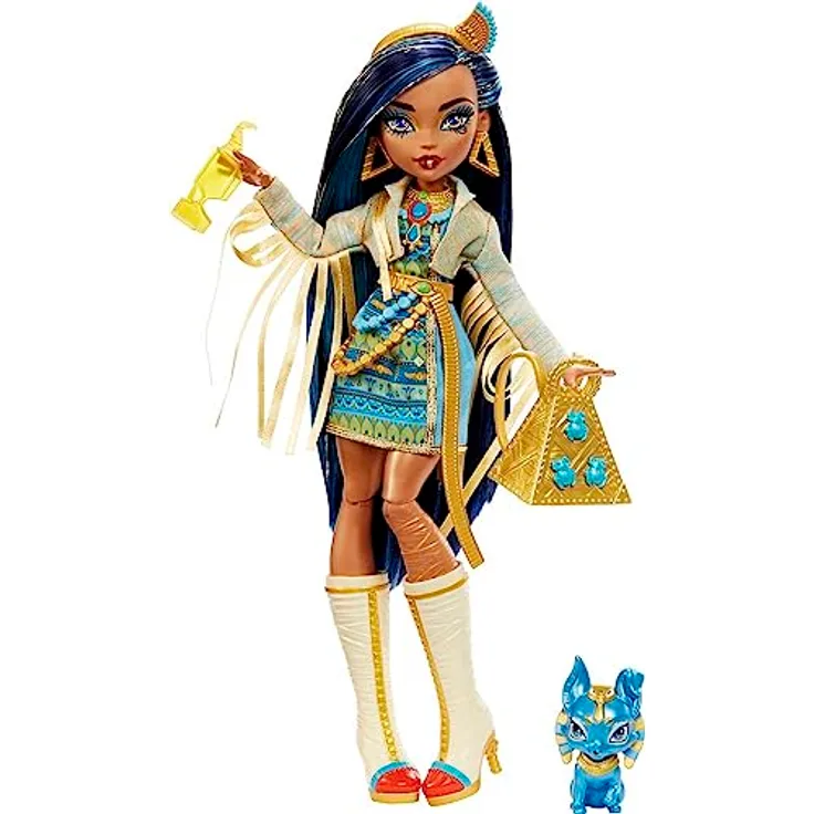 MONSTER HIGH Cleo de Nile Puppe - Königliches Outfit, Killerstiefel, Pyramidenrucksack, Zubehör, für Kinder ab 6 Jahren, HHK54