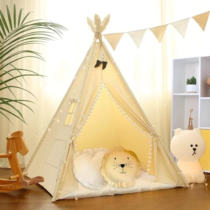 LIONHERZ® DAS ORIGINAL Tipi Zelt für Kinder, 100% Baumwolle, inkl. Matte, Stabilisator, Wimpelkette & 2 Kissen, stabil und vielseitig, ideal für Indoor und Outdoor Spielen – Bild 1
