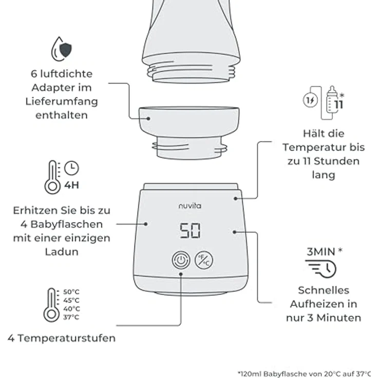 Nuvita 1163 Warm’n’Mix, Tragbarer Flaschenwärmer mit Heiz- und Mischfunktion, schnelles Aufheizen in 3 Minuten, 4 Temperatureinstellungen, universelle Kompatibilität mit 6 Adaptern – Bild 3