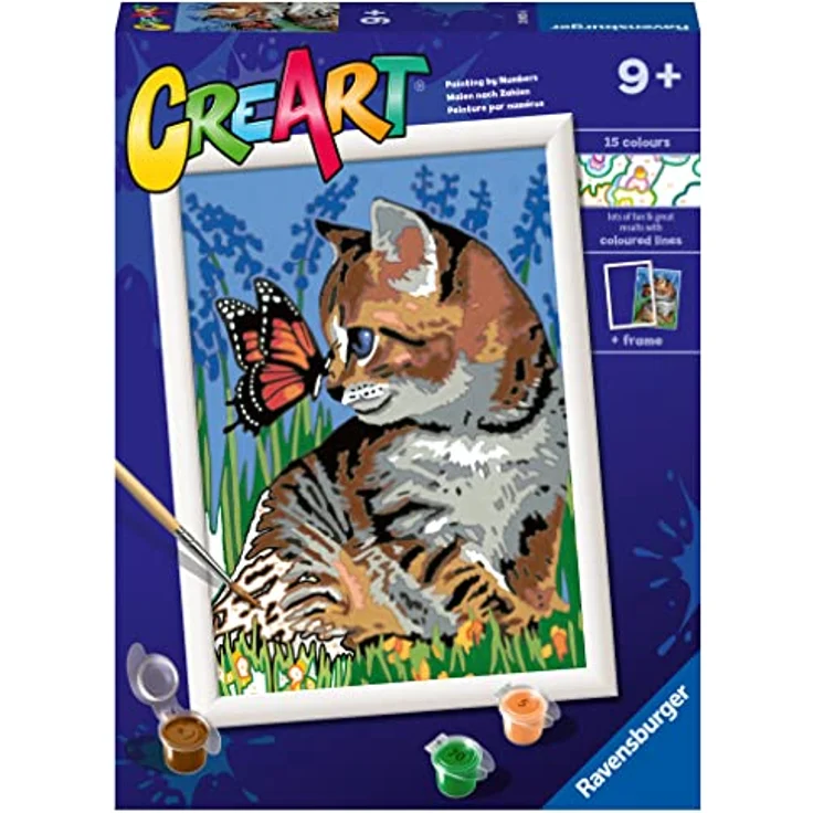 Ravensburger CreArt Malset Kätzchen und Schmetterling, Malen nach Zahlen für Kinder, 7-11 Jahre, inklusive Acrylfarben, Pinsel und Rahmen – Bild 2