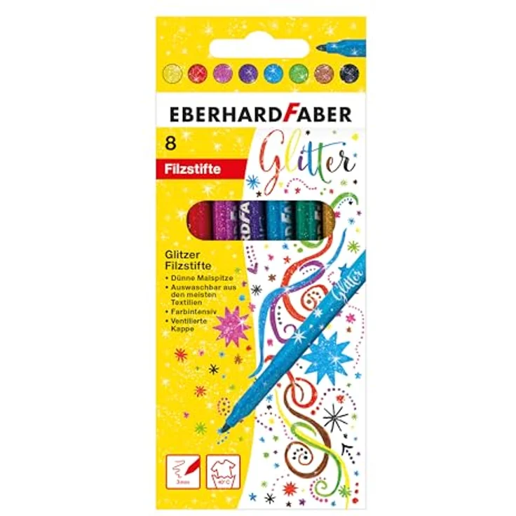 Eberhard Faber Filzstift Fasermaler Glitzer 8er-Sc. EFA Wasserbasis-auswaschbar, Glitzernde Farben, 3mm Linienbreite, 8er-Set, Gelb, Rot, Rosa, Lila, Hellblau, Grün, Braun, Schwarz – Bild 2