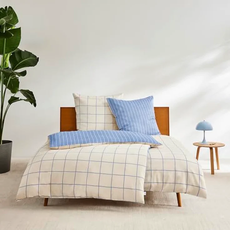 s.Oliver Mako Satin Bettwäsche 135x200 cm, kariert in weiß hellblau, 100% Baumwolle, mit Reißverschluss, waschbar und anschmiegsam – Bild 2
