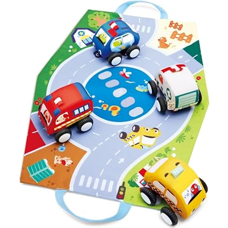 Hape Pull-Back Plush Car Set, weiche Spielzeugautos mit Rückziehmotor, bunt