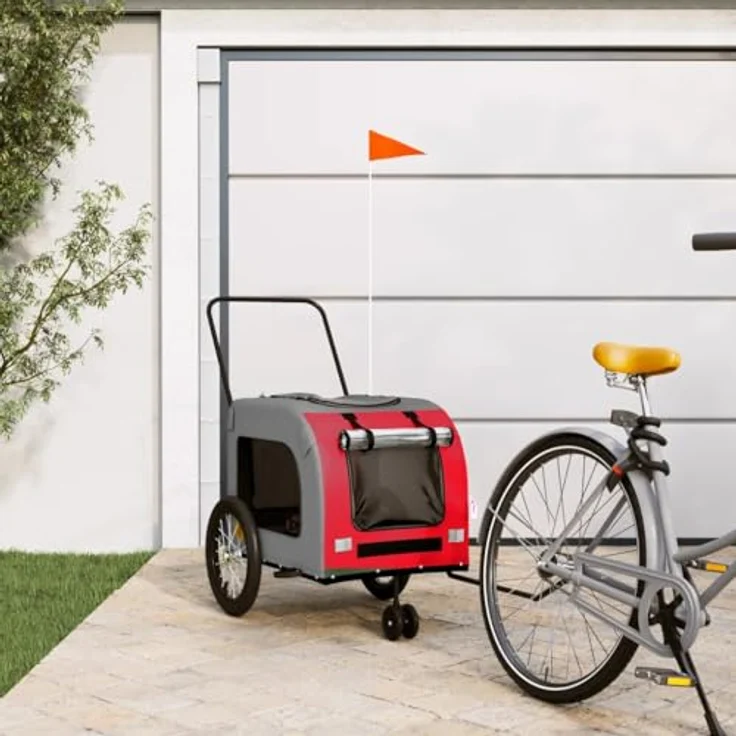 vidaXL Fahrradhundeanhänger Fahrradanhänger Hunde Rot und Grau Oxford-Gewebe und Eisen, belastbare Platte, reflektierende Flagge – Bild 2