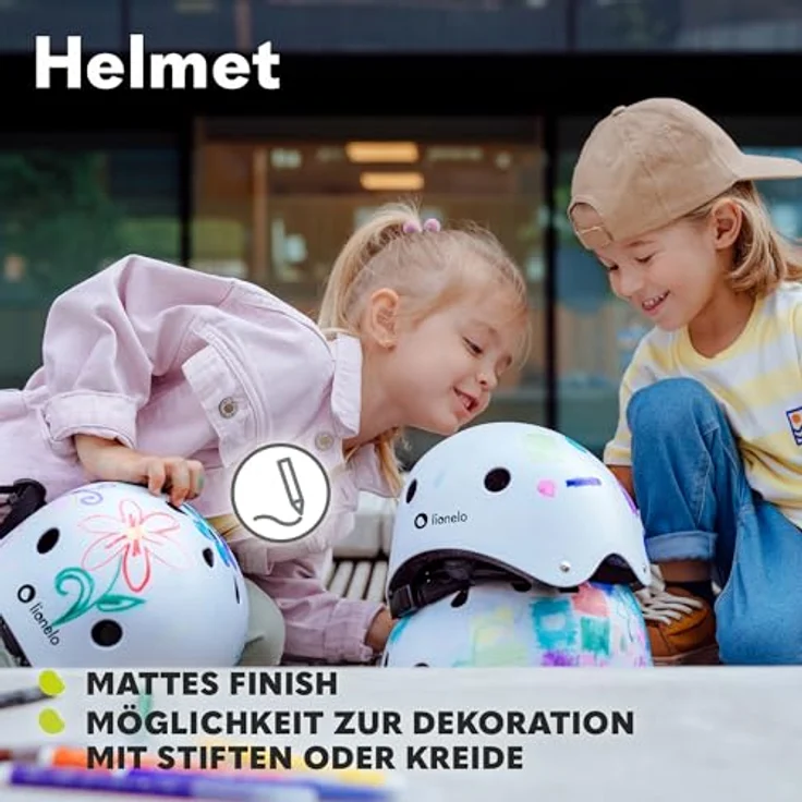 Lionelo Helmet Explorer Sicherheitshelm, verstellbar, Zertifiziert, Größe S (50–56 cm), stoßdämpfend und belüftet, für kreative Kreide- und Marker-Anpassung, blau – Bild 4