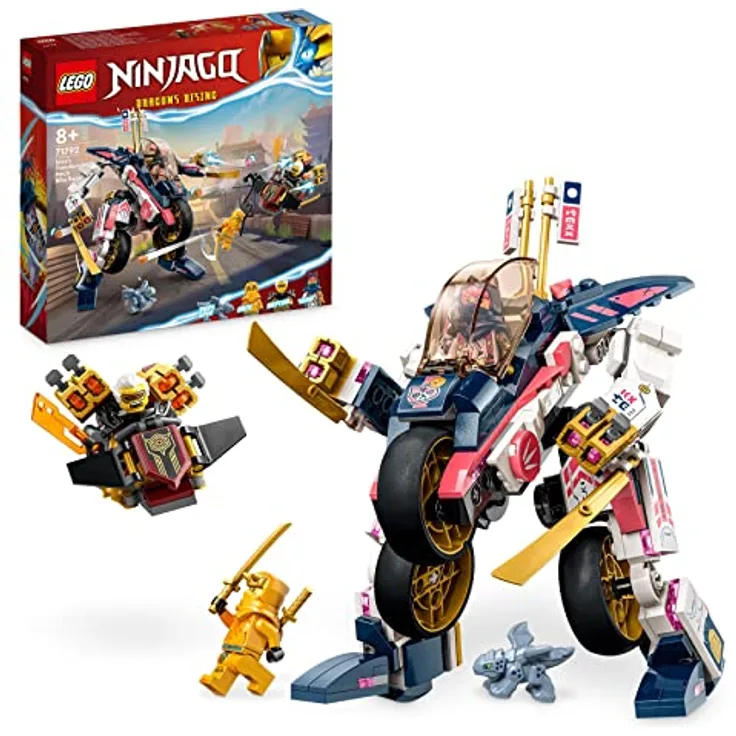 LEGO 71792 NINJAGO Soras transformierender Mech-Bike-Renner, 2in1 Set mit transformierender Mech-Actionfigur, Motorrad-Spielzeug Set mit 3 Minifiguren für Kinder, Jungen und Mädchen