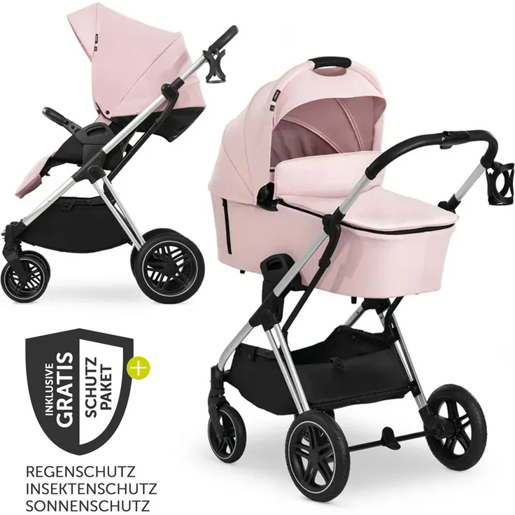 Hauck Kombi-Kinderwagen Vision X Duoset Silver (Sportwagen & Babywanne) inkl. XXL Zubehörpaket - Melange Rose mit Gratis Mobilitätsgarantie