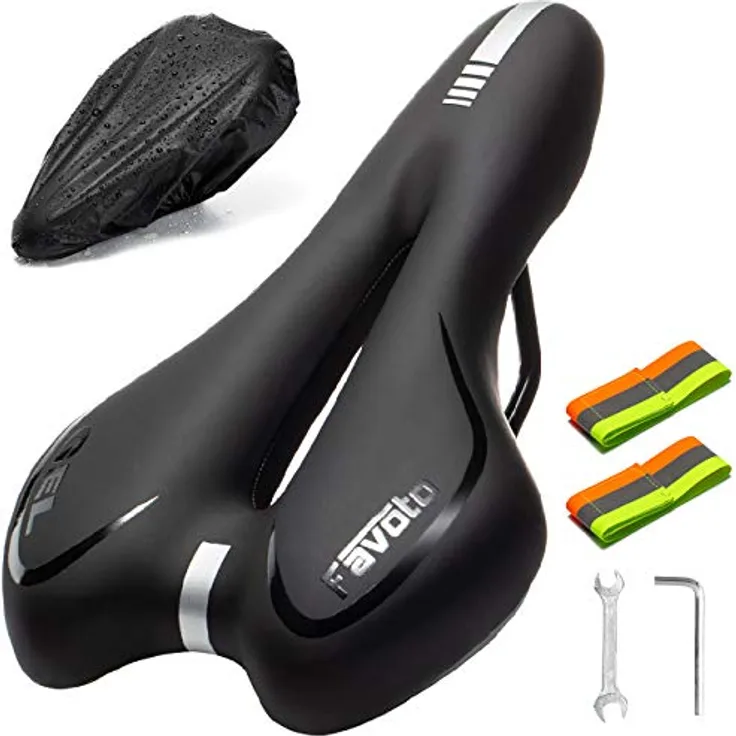 Favoto Fahrradsattel Universal Gel MTB Sattel Fahrradsitz Hohl Ergonomisch Tourensattel Atmungsaktiv für Herren Damen Rennrad Mountainbike mit Sitzbezug Schraubenschlüssel 2 Reflektierende Bänder