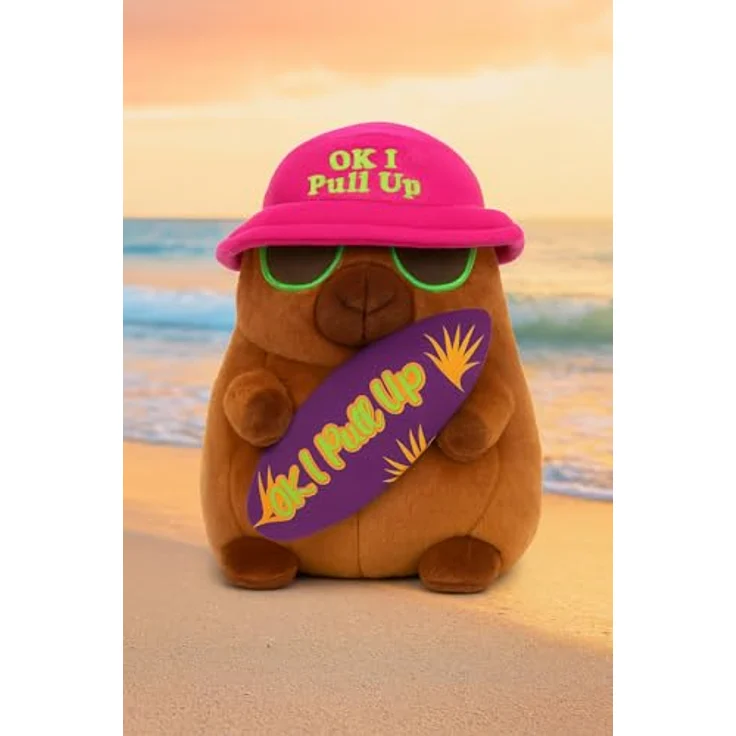 Soma Capybara Plüschtier 25cm, Kuscheltier mit pinkem Hut, grüner Sonnenbrille und Surfbrett Spruch "Ok I Pull Up" – Bild 2