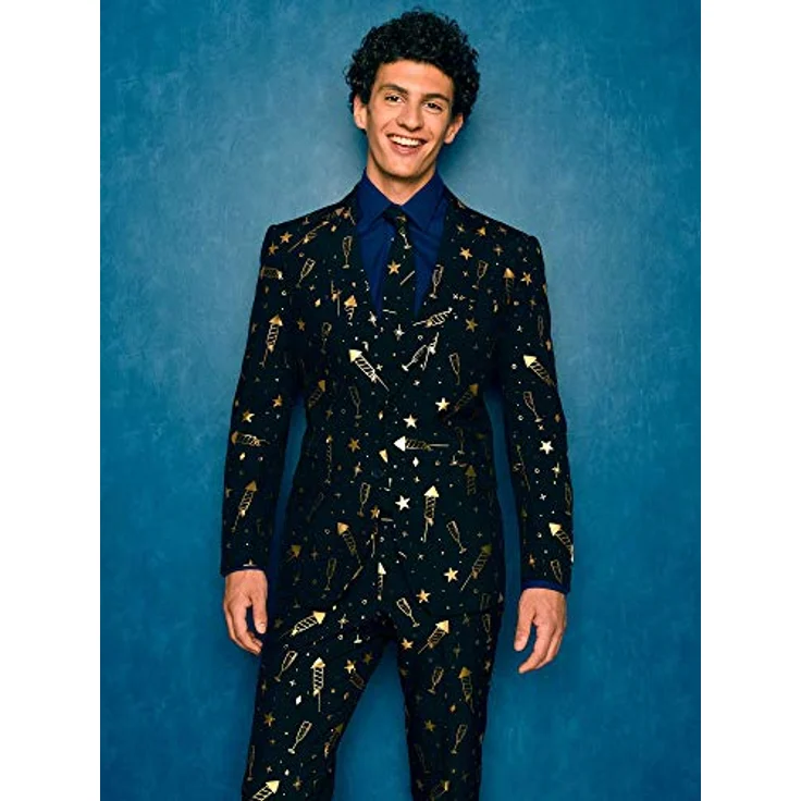OppoSuits Fancy Fireworks (54), schwarzer Anzug mit goldenen Raketen und Sektgläsern, dreiteilig mit Jacket, Hose und Krawatte – Bild 6