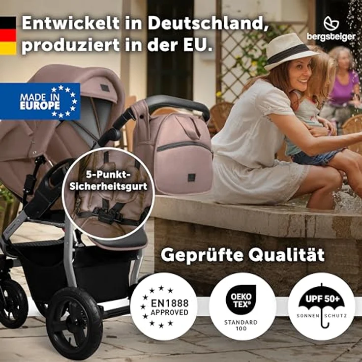 Bergsteiger Capri 2-in-1 Kombikinderwagen, Babywanne & Sportsitz, Luftreifen, Rahmenfederung, höhenverstellbarer Griff, faltbar, mit Zubehör – Bild 4