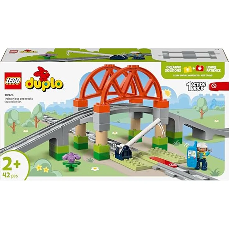 LEGO DUPLO Town 10426 Eisenbahnbrücke und Schienen – Erweiterungsset Bausatz mit 42 Teilen, interaktiven Funktionen und Techniker, mehrfarbig – Bild 9