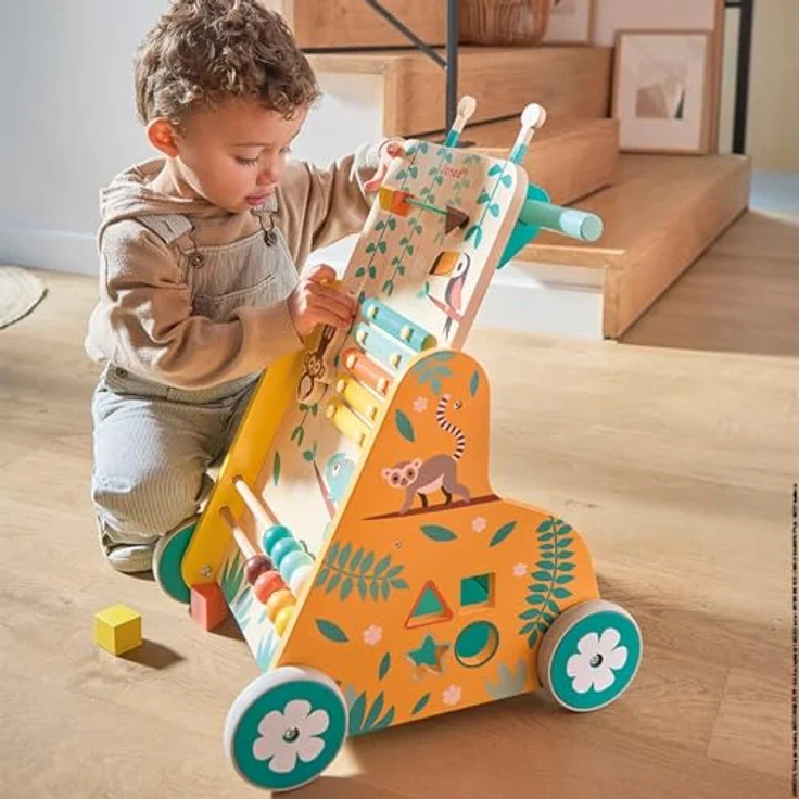 Janod - Multi-Aktivitätswagen Tropik - Laufwagen aus Holz - Lernspielzeug mit 6 Aktivitäten - Leise Räder und Feststellschraube - FSC-zertifiziert - Wasserfarbe - Ab 1 Jahr, J08269 – Bild 9