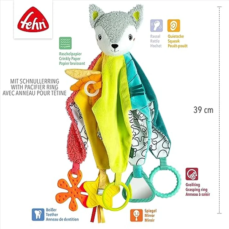 Fehn Activity-Schmusetuch Fuchs Deluxe – Plüschtier, Einschlafhilfe & Schnuffeltuch mit Rassel, Quietsche, Raschelpapier, Spiegel, Beißer zum Knuddeln, Greifen – für Babys & Kleinkinder ab 0+ Monaten – Bild 5