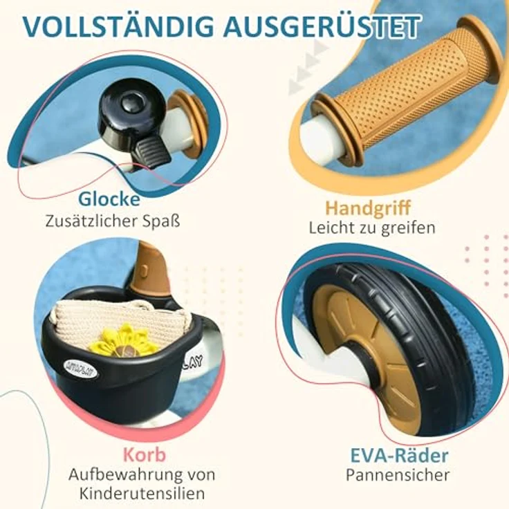 AIYAPLAY Dreirad Kinderfahrrad mit verstellbarem Sitz, Laufrad, Metall, Weiß, 70.5L x 53B x 58H cm – Bild 6