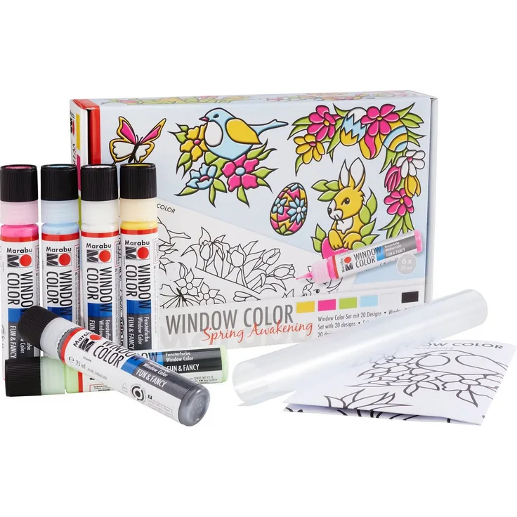 Marabu Window Color Set Spring Awakening, 8-teiliges Bastelset mit 6 Farben und Malvorlage für Fensterbilder
