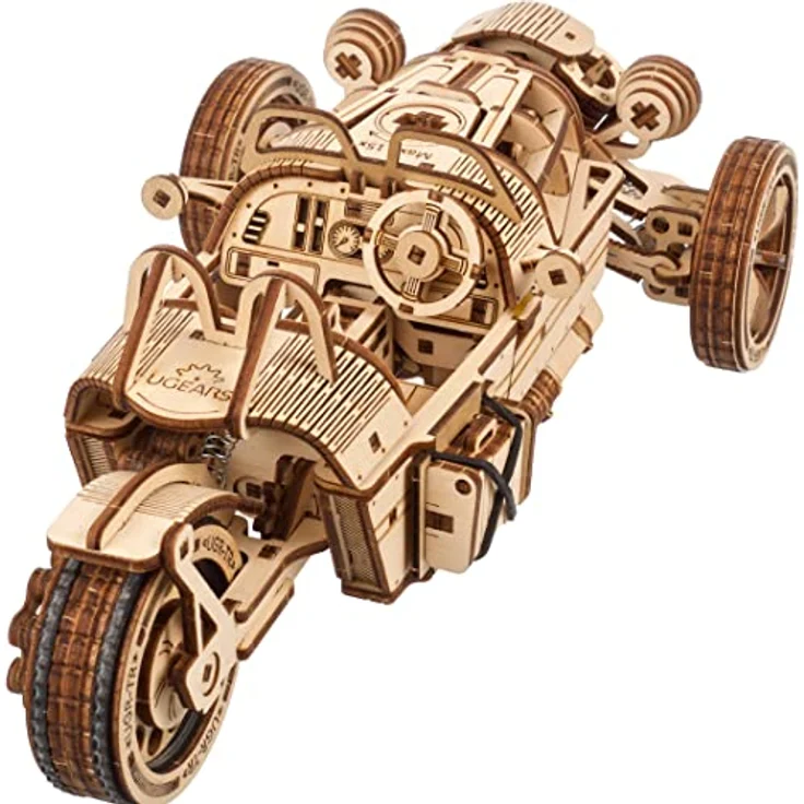 UGEARS Dreiradfahrzeug UGR-S - 3D Holzpuzzle Motorrad - Auto 3D Puzzle Modellbausatz für Erwachsene - 3D Motorrad Holzpuzzle - Magicholz Motorrad Modell mit funktionsfähiger Lenkung und Federmotor – Bild 1