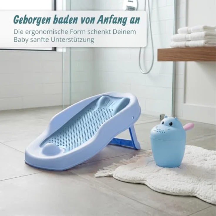 Relaxdays Baby-Badehilfe Set, rutschfeste Badestütze mit tränenfreiem Haarwaschbecher, blau, HBT: 19x51,5x30 cm – Bild 2