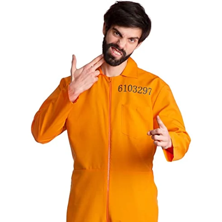 Maskworld Häftling Kostüm (L), einteiliger orangefarbener Overall mit Frontzipper und bedruckter Knastnummer – Bild 5