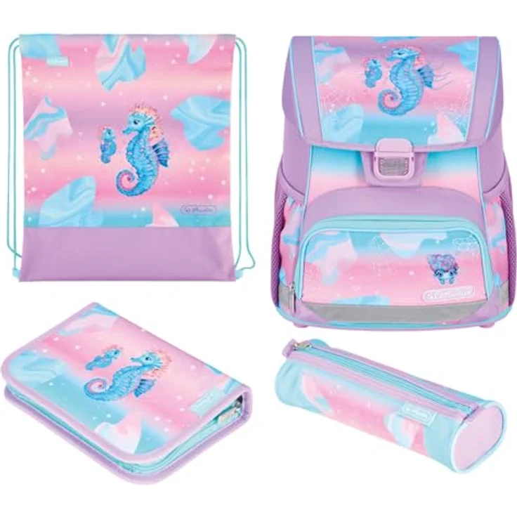 Herlitz Schulranzen Set 4-teilig Loop Ocean Lights Rosa, ergonomischer Tornister für 1. Klasse, leichtgewichtig, inklusive Sportbeutel und Etui, mit Seepferdchen Design – Bild 1