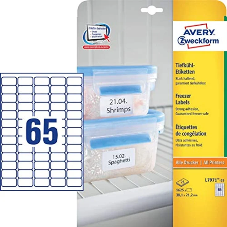 AVERY Zweckform L7971-25 Tiefkühletiketten, 1.625 selbstklebende, temperaturbeständige Aufkleber, weiß, 38,1x21,2mm, für Inkjet- und Laserdrucker, 25 Blatt – Bild 1