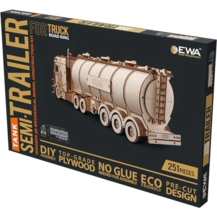 Eco Wood Art ROAD KING LKW Aufleger Modellbausatz, mechanisches 3D-Holzpuzzle mit 251 lasergeschnittenen Teilen, Federwerk-Antrieb, ohne Kleber – Bild 9