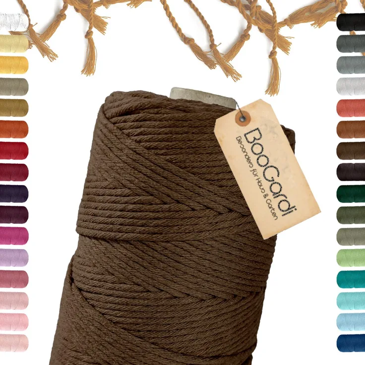 BooGardi Makramee Garn Bastelgarn, (3mm x 200m 100% Baumwolle), Braun Fusselfrei Geruchlos Macramee Kordel Band
