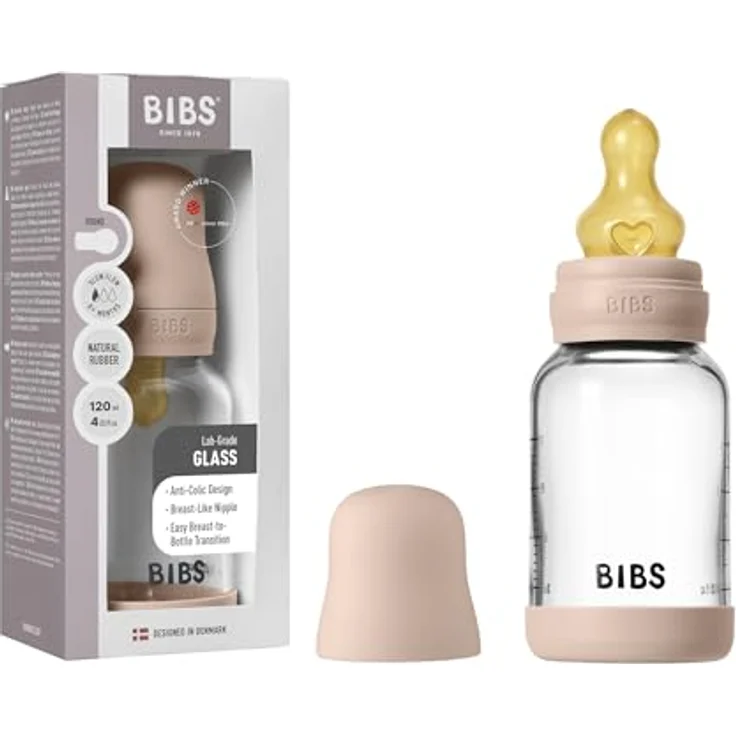 BIBS Baby Glasflasche 120ml, Runder Sauger aus Naturkautschuklatex, Kolikenreduzierung, Blush, Hergestellt in Dänemark – Bild 1