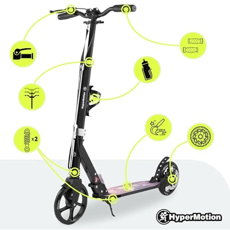 HyperMotion Skyline Black Scooter, faltbarer Aluminium-Scooter mit Federung, 20 cm Rädern & Tragegurt, für Erwachsene und Kinder, 15KM/s – Bild 3