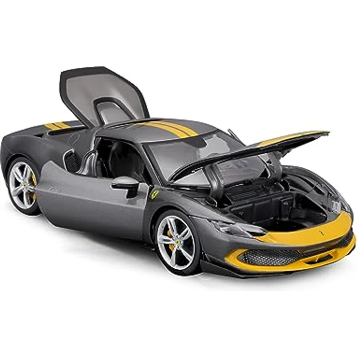 Bburago Ferrari 296GTB Assetto Fiorano, Modellauto im Maßstab 1:18, grau-gelb, bewegliche Motorhaube, Kofferraum und Türen, Detalgetreue Nachbildung aus Metallspritzguss – Bild 5