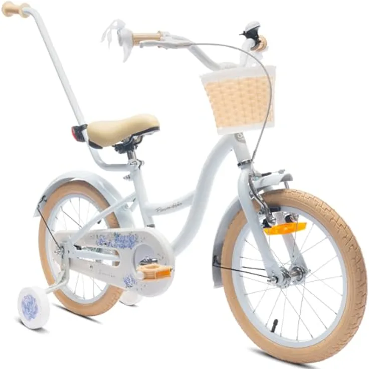 sun baby Mädchenfahrrad 16 Zoll Flower Bike mit Abnehmbarer Schubstange, für Mädchen von 2 bis 6 Jahre (Hellblau)