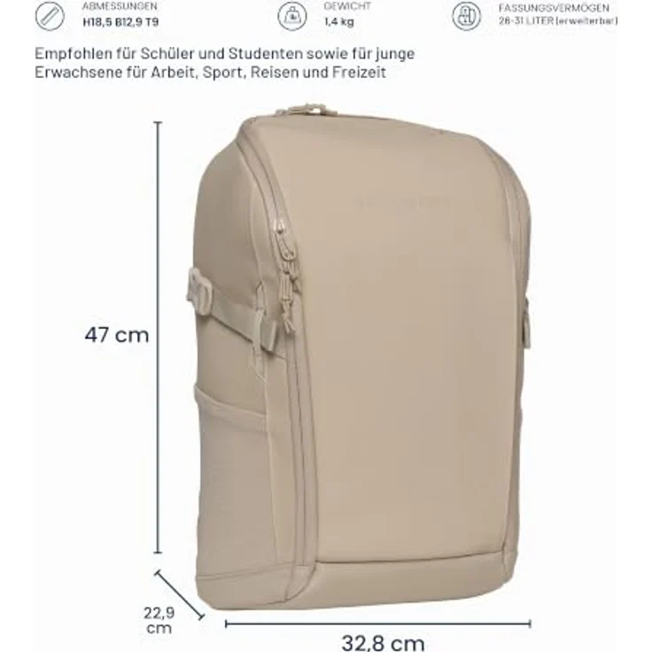 Beckmann Norway Street Go Schulrucksack, Beige 26L mit Laptopfach, Reißverschluss – Bild 3