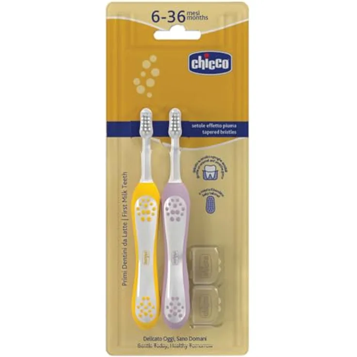 Chicco Kinderzahnbürsten-Set, 2-teilig, mit abgerundetem Kopf, weichen Borsten und rutschfestem Griff, flieder- und senffarben, für 6-36 Monate