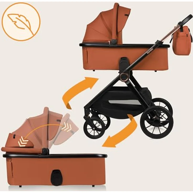 Lionelo LO-Layla 3in1 Kinderwagenset, Kombikinderwagen in Cognac, 3-teilig mit Babywanne, Babyschale und Sportwagenaufsatz, EN 1888, All-Terrain-Räder – Bild 2