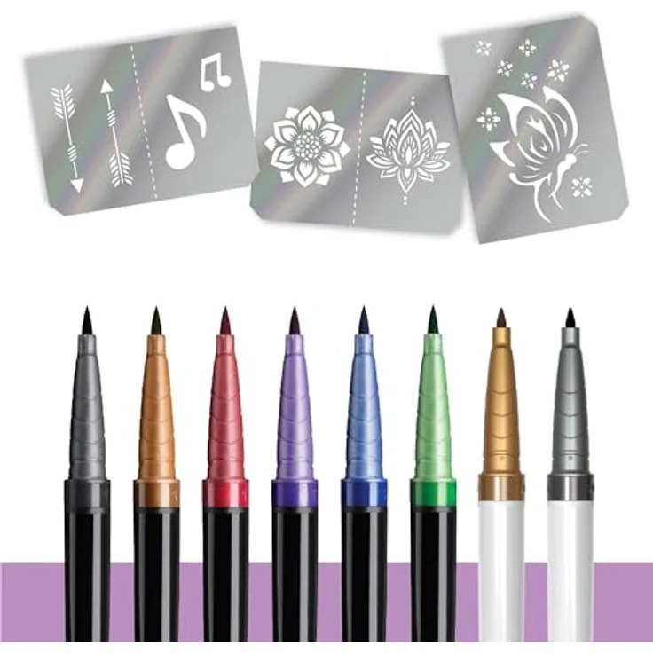 BodyMark by BIC, temporäre Tattoos in 8 Farben, Pinsel & feine Spitze, geruchsarme & schnell trocknende Tattoo Stifte für die Haut mit 3 Schablonen – Bild 3