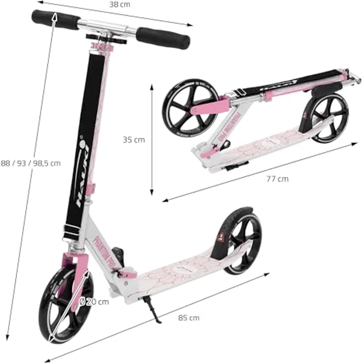 Hauki Cityroller Scooter Rosa, klappbar & höhenverstellbar, XXL-Räder, Tritt-Bremse, für Kinder & Erwachsene bis 100 kg – Bild 8