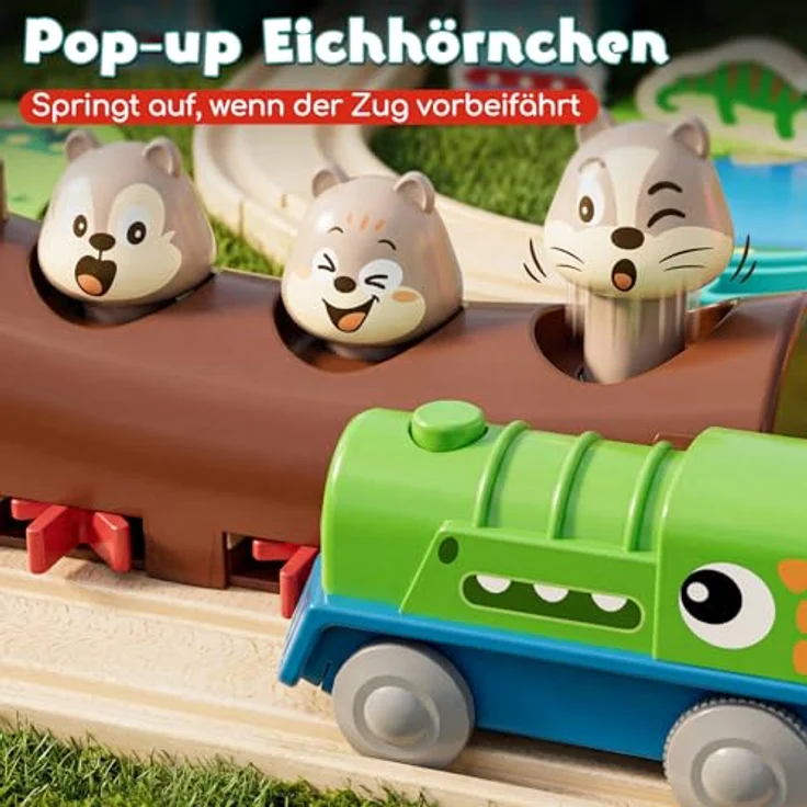 Lehoo Castle Holzeisenbahn Dinosaurier-Lok mit Licht und Musik, Freizeitpark-Set ab 3 Jahre, kompatibel mit gängigen Holzsystemen – Bild 3