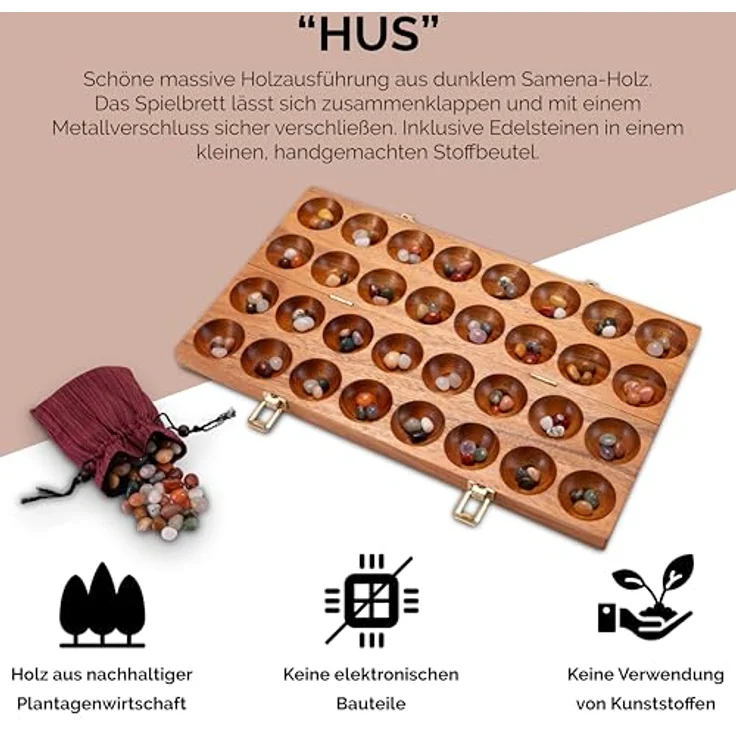 LOGOPLAY Hus Spiel mit Metallverschlüssen, hochwertiges Holzbrettspiel für 2 Spieler, inkl. Edelsteinen, kompakt und nachhaltig – Bild 5