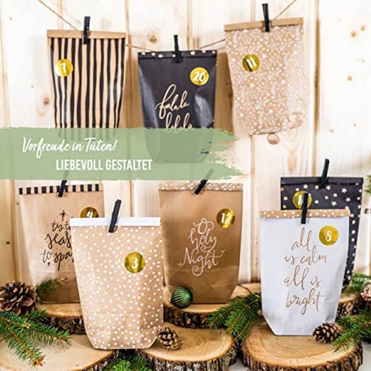 OEM Weihnachtskalender, Adventskalender-Set mit 24 braunen Kraftpapiertüten (14x22cm) und Zahlenaufklebern – Bild 5