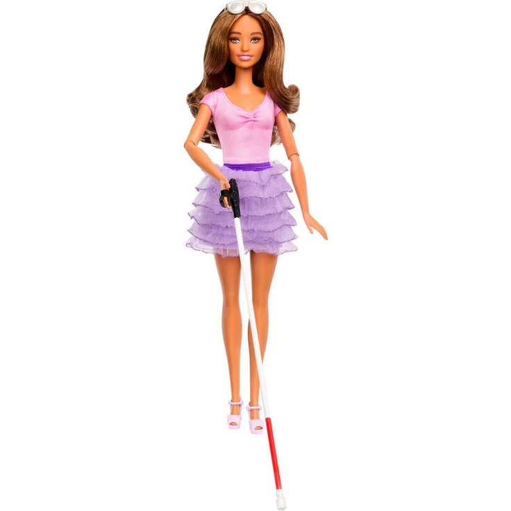 Barbie Anziehpuppe Fashionistas Puppe Nr. 228 Blinde Barbie-Puppe, mit pastellfarbenem Outfit, Blindenstock und Sonnenbrille – Bild 1