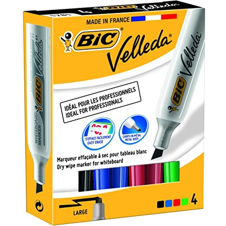 BIC Velleda 1781 Whiteboard Marker, 4er Pack mit Keilspitze, abwischbar, Aluminium-Gehäuse, schwarz, blau, rot, grün – Bild 1