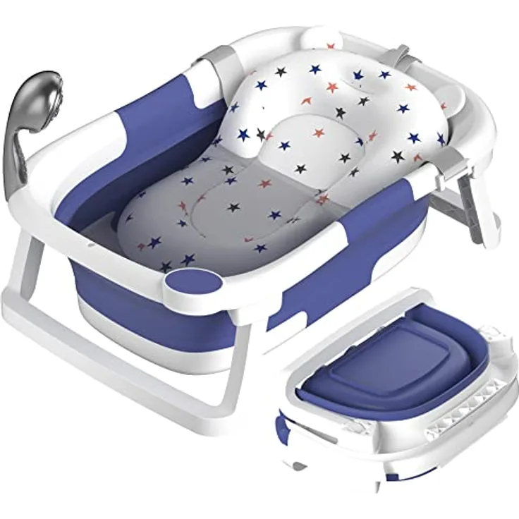 RABB 1ST Baby Badewanne Faltbar, Tragbare Babywanne für Neugeborene und Kleinkinder mit Rutschfester Matte und Abflussloch, Blau