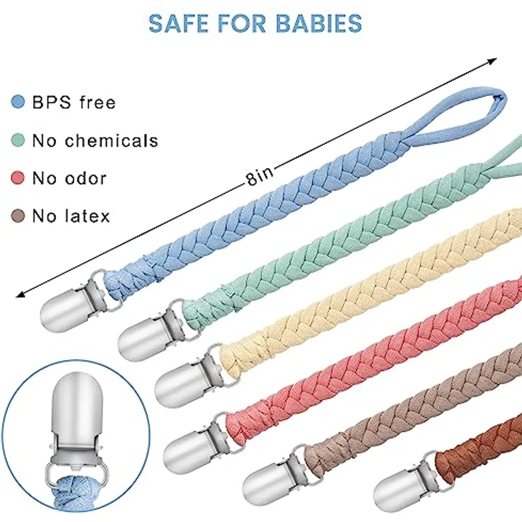 CLDY Schnullerkette Baby, 6 Stücke Unisex Schnuller Halter Leinen Set aus Baumwolle für Jungen und Mädchen, Passend für alle Schnuller, Hygienisch und Praktisch – Bild 5