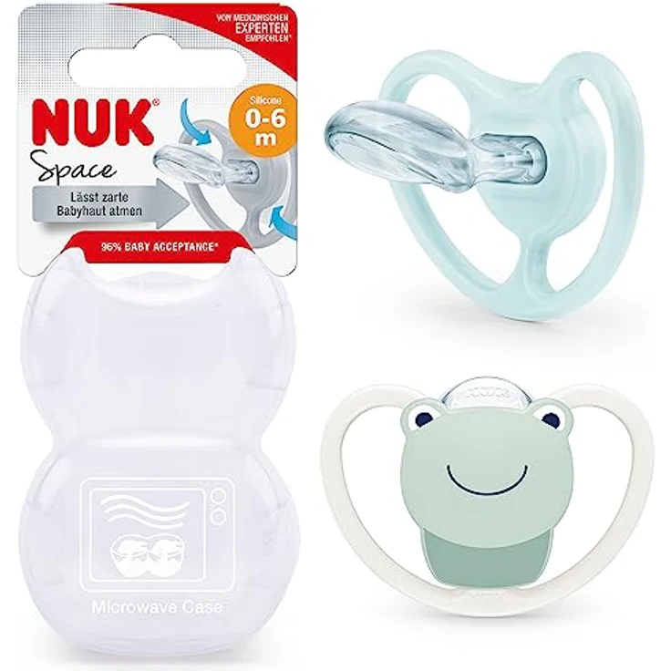 NUK Space Schnuller | Schnuller mit extra Belüftung | BPA-freies Silikon | 0-6 Monate | Frosch & Regenbogen | 2 Stück – Bild 1