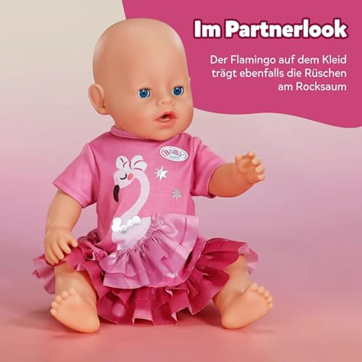 Baby Born Puppenkleidung Kleid Flamingo, Rüschenkleid mit silbernen Prints für 43 cm Puppen – Bild 4
