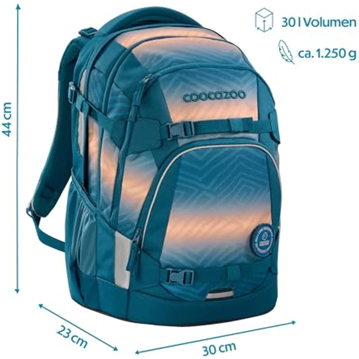 Coocazoo Schulrucksack Mate „Pacific Tribes” in blau-orange, ergonomisch & anpassbar, mit 30L Volumen & LED-Lichtbefestigung, ab 3. Klasse – Bild 2