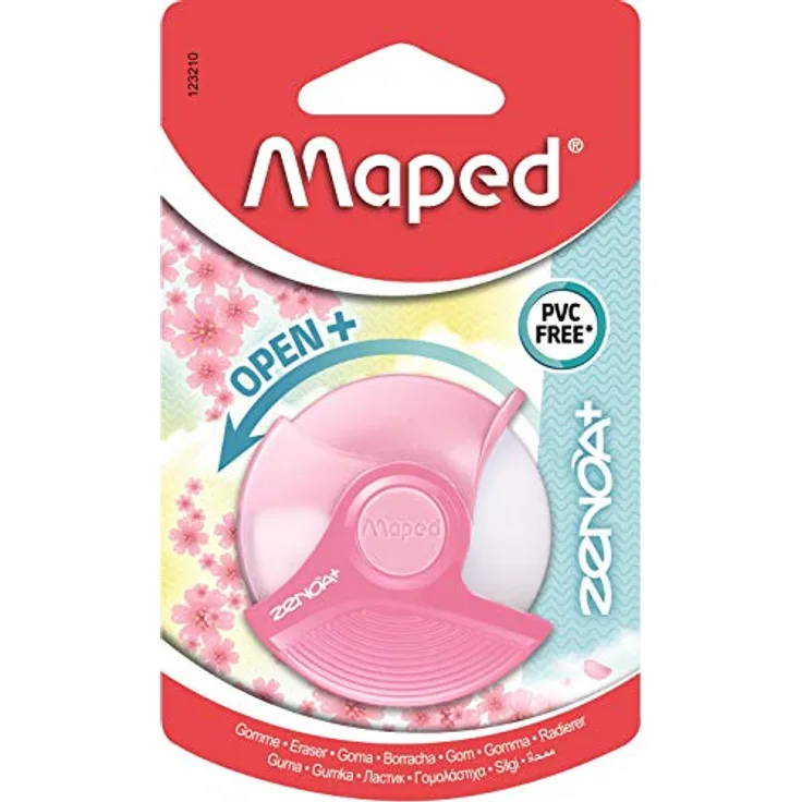 Maped - Zenoa Plus Radiergummi - Runder weißer Radierer mit Schutzhülle, die sich um 180° drehen lässt - Phthalatfrei - PVC-frei - Pastellrosa